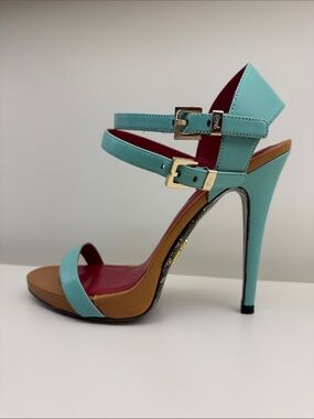 Cesare Paciotti Turquoise and Tan High Heel Sandal with Double Ankle Straps